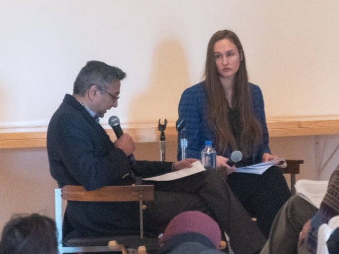 Profs. Rajesh Sampath (left) and Samantha Rose Hill read the love letters between political theorist Hannah Arendt and philosopher Martin Heidegger during the event “On Reconcilliation” at the Rose Art Museum on Feb. 14.
