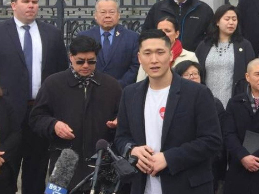 Sam Hyun, MPP'21, speaking in front of the Massachusetts State House