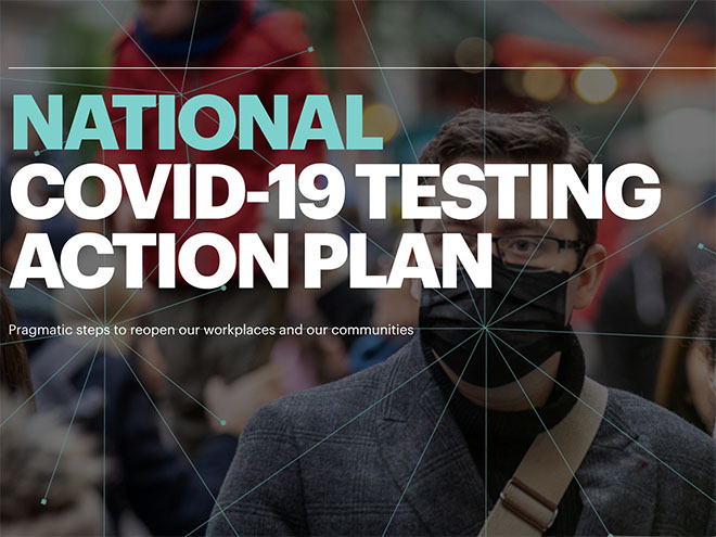 The words "National Covid-19 Testing Action Plan" over image of people in facemasks