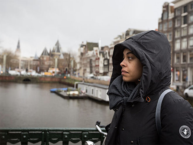 COEX student Cheyenne Paris in a hooded coat