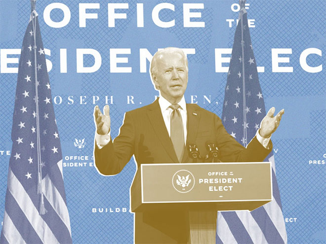 Photo illustration of Joe Biden at a podium with Office of the President Elect in writing