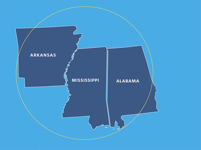 Arkansas, Mississippi and Alabama in a circle