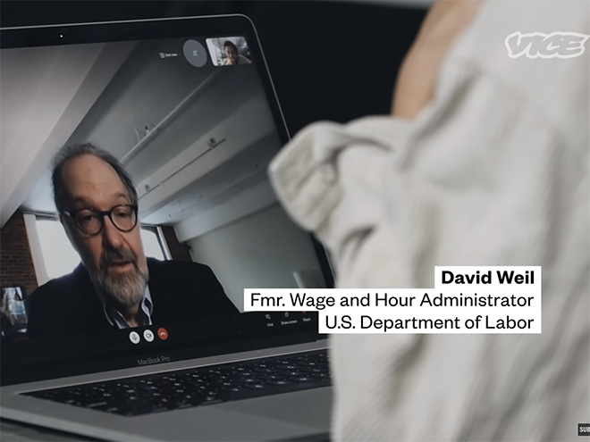David Weil on the screen of a laptop with the words: David Weil, Former Wage and Hour Administrator, U.S. Department of Labor