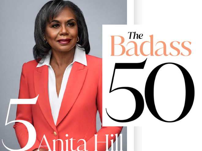 Anita Hill in a salmon blazer and white button-down shirt, with the words "5: Anita Hill: The Badass 50"