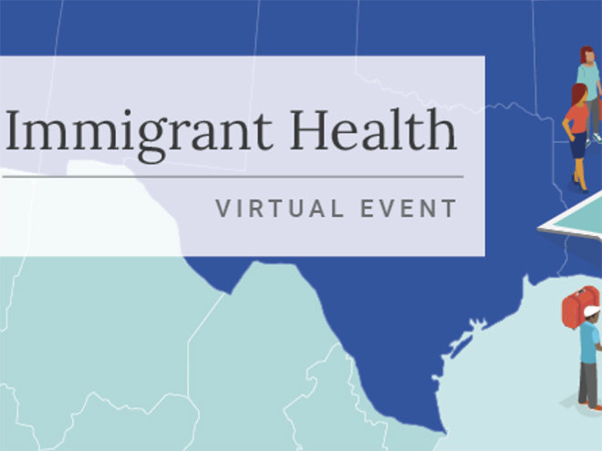 the words "Immigrant Health" over a map of the southern United States with illustrations of people standing
