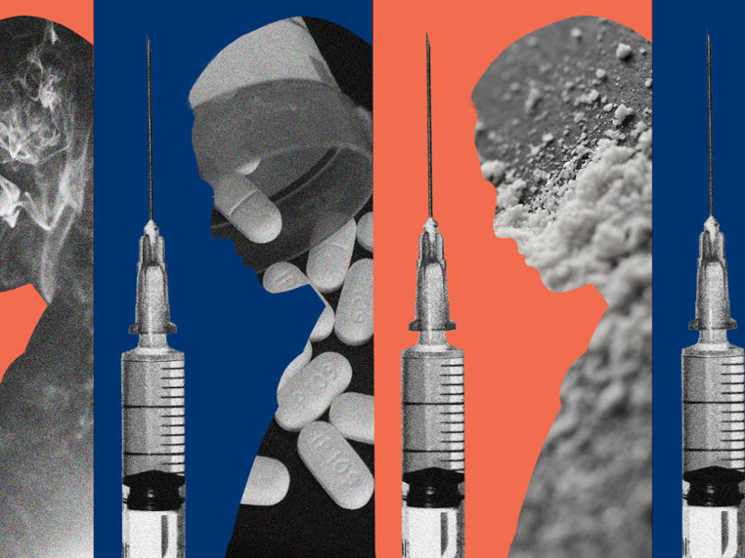 A blue and orange image with pills and vaccines
