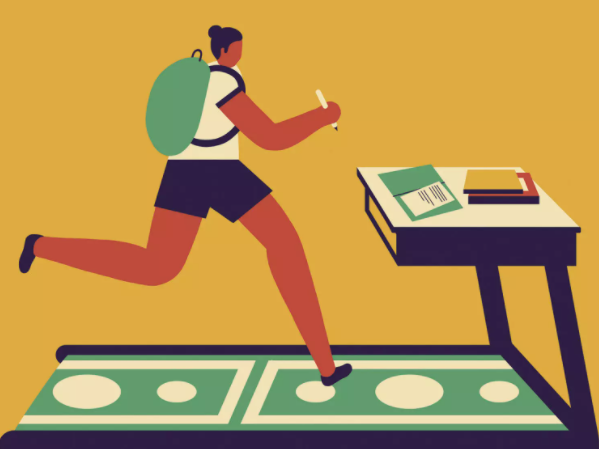 An image of a woman running on a treadmill to reach some papers