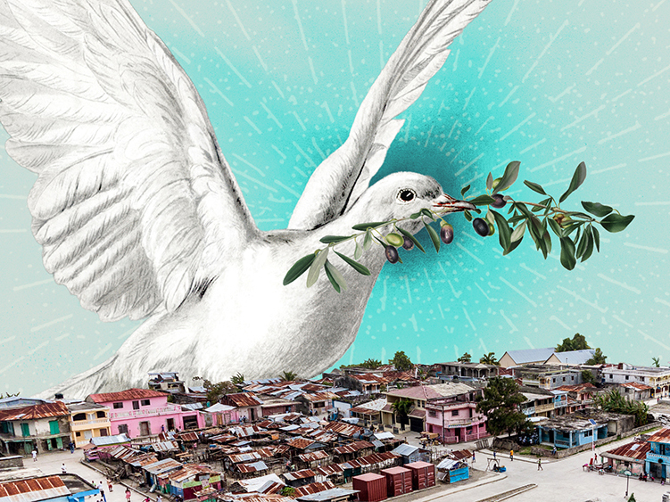 illustration of a huge dove bearing an olive branch, looming over a city neighborhood in Haiti
