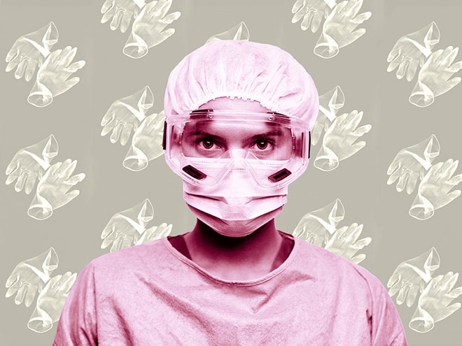 Medical worker in personal protective equipment with a background of repeating gloves