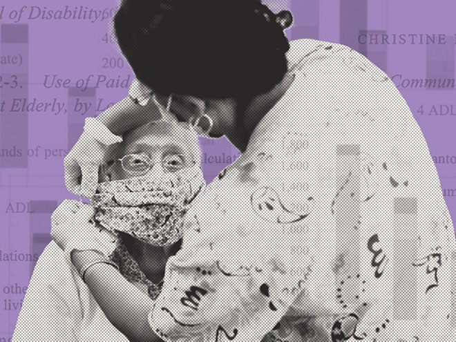 Photo illustration of nurse helping an old woman put on a face mask with faded graphs and words overlaid