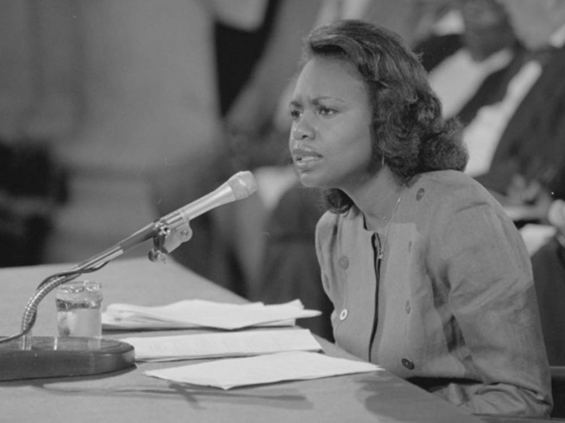 Black and white image of Anita Hill testifying in 1991