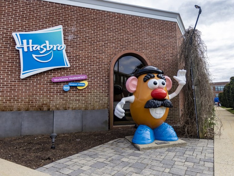 Exterior of Hasbro world headquarters, featuring a large smiling and waving Potato Head
