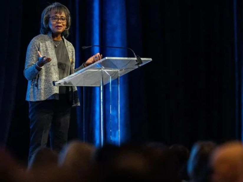 Anita Hill speaks to a crown at an event hosted by Women's Fund of Omaha