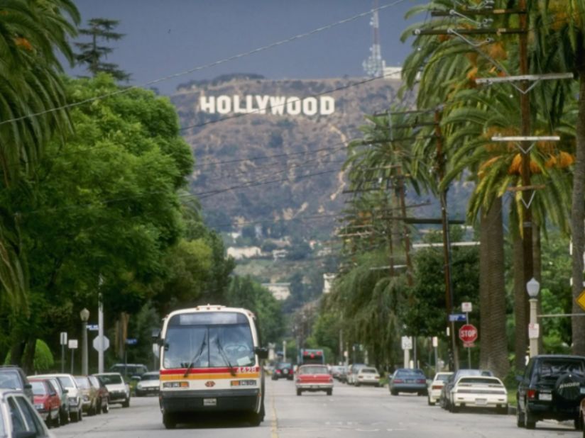 General view of the Hollywood sign on a hill above Los Angeles, California