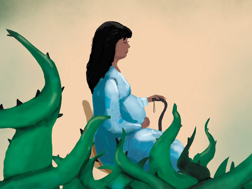 Illustration of pregnant woman sitting on a chair with a cane, surrounded by thorns