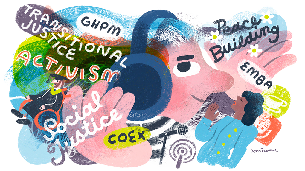 Illustration of person with headphones listening to podcast with lettering of different topics