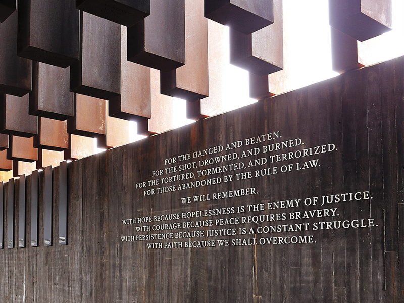 National Memorial for Peace and Justice in Alabama with inscription dedicated to victims of lynching