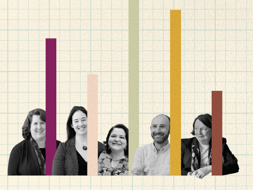 Photo illustration of five researchers among a colorful bar chart