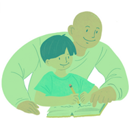 A father helping his child with his reading and writing