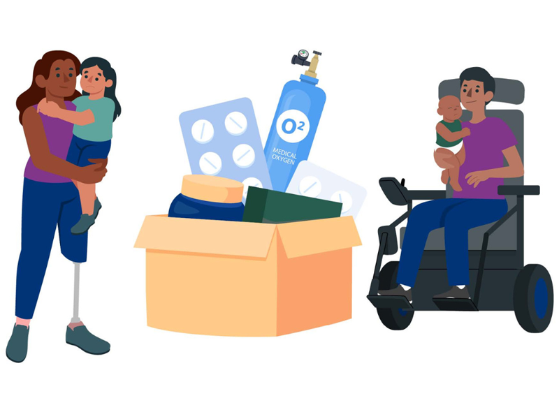Two disabled parents with children packing a box of emergency supplies containing medicine, an oxygen tank, a jar of food, and a green weather-protective medicine box