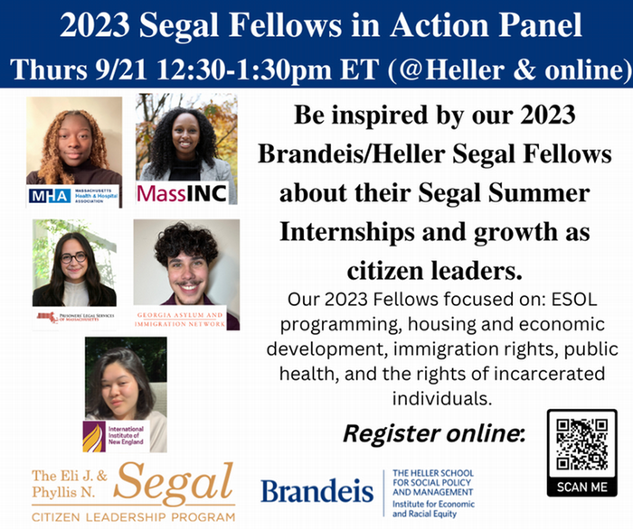 Flyer with event details about 9/28 session and headshot of 6 Segal Fellows with embedded host organization logos