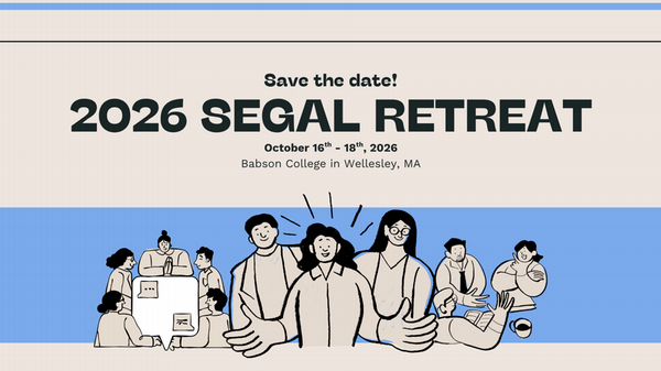 Save the date informal with date and location for 2026 Segal Retreat with a graphic of groups of people in tan meeting and talking on a light blue background.