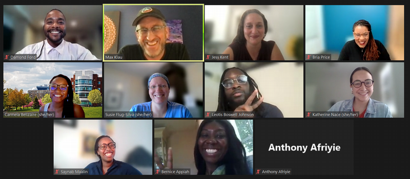 Zoom screenshot of event attendees from left to right: First row: Damon Ford, Max Klau, Jess Kent, Bria Price. Second row: Carmela Belizaire, Susie Flug-Silva, Le'Otis Boswell-Johnson, and Katherine Nace. Third row: Saynab Maalin, Bernice Appiah, and Anthony Afriyie