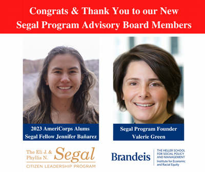 Headshots of new Segal Advisory Board Members Valerie Green and Jennifer Banarez with text congratulating them on joining the board