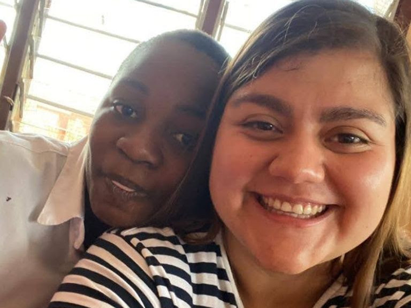 Beatriz Pleités Lemus, MA SID'23, with a student in Tanzania