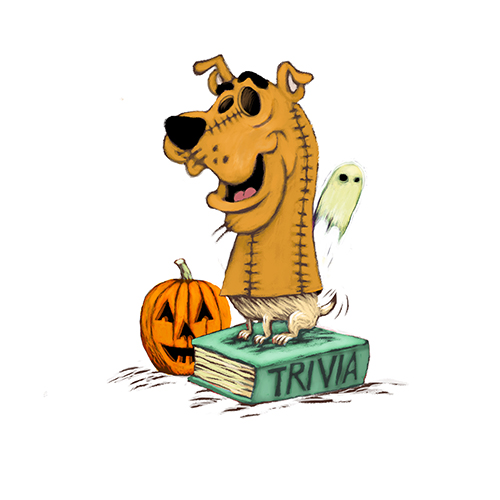 cartoon of a dog wearing a scooby-doo mask, sitting on a 'trivia' book and flanked by a jack-o-lantern and a cartoon ghost