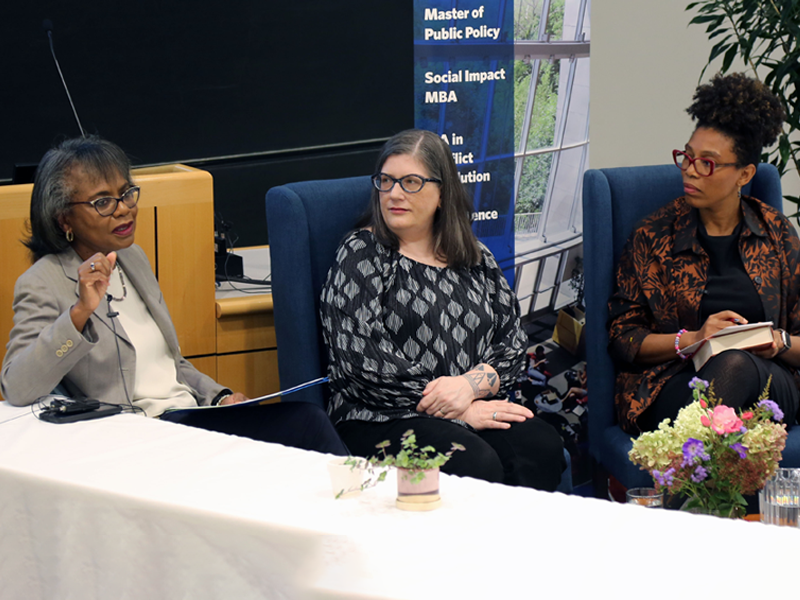 From left to right, University Professor Anita Hill, Professor Sarah Deer (The University of Kansas) and Professor Crystal Feimster (Yale University) speak during Slavery, Citizenship, and the Afterlife of Gender-Based Violence at the Heller School.