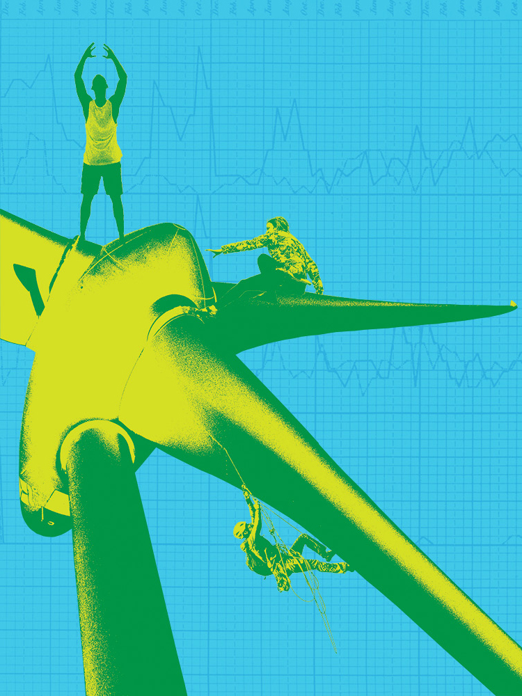 Illustration of wind mill with people on it